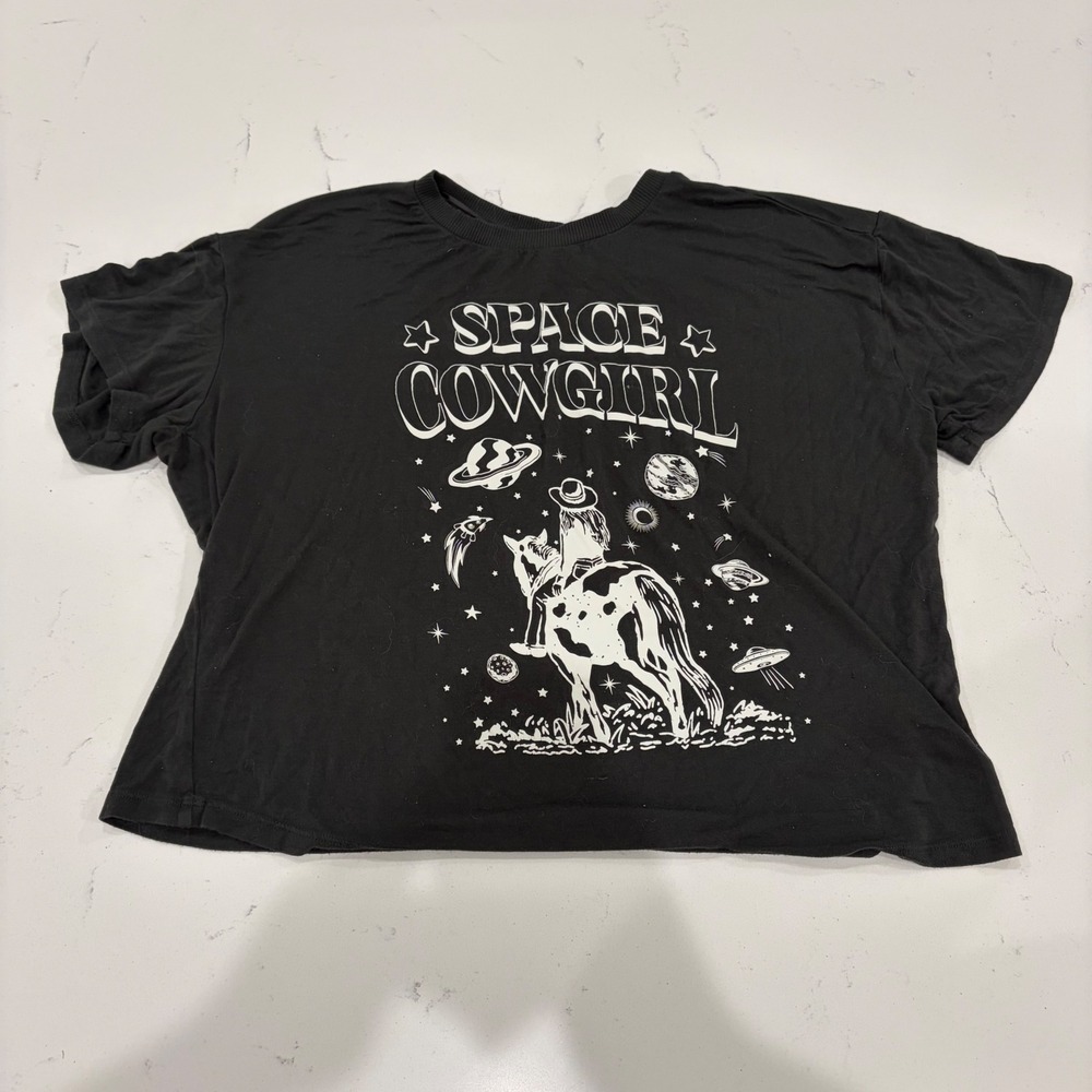 True Craft Space Cowgirl Graphic T-Shirt Black Cropped Boxy Tee Womens Large